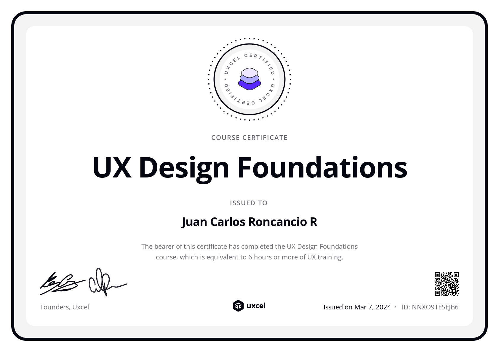 Juan Carlos Roncancio R's certificate